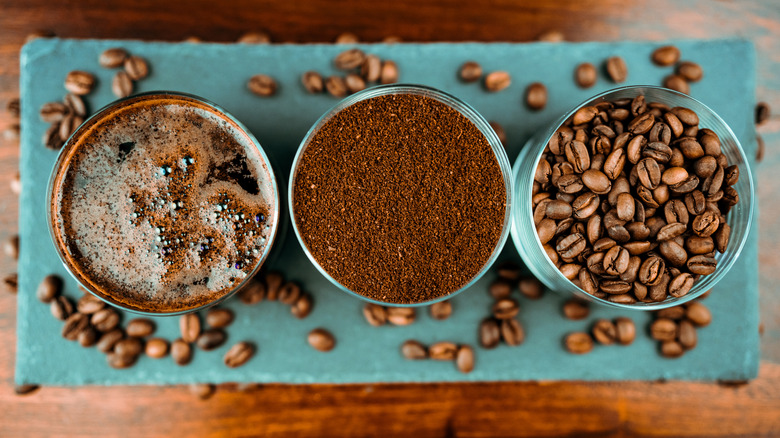 Cups of Geisha beans, grounds, and liquid coffee in a row.