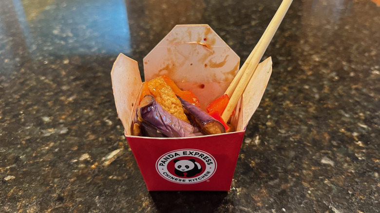 Panda Express takeout box with Eggplant Tofu