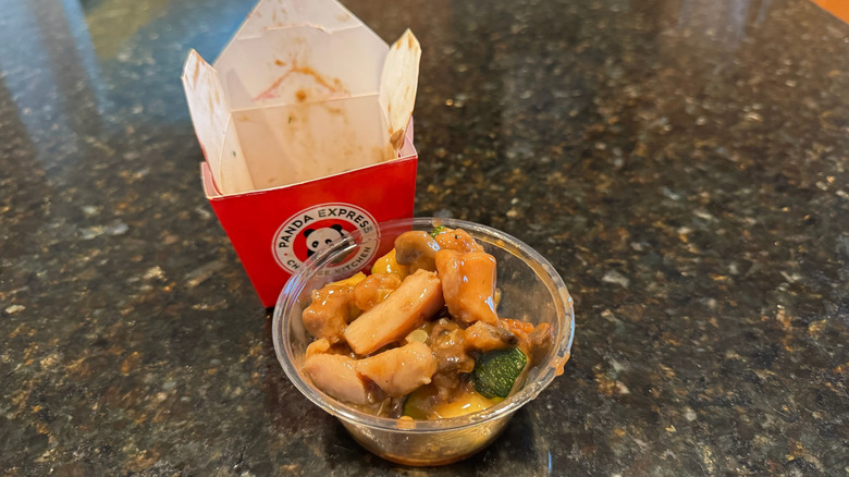 Panda Express takeout box and bowl with Mushroom Chicken