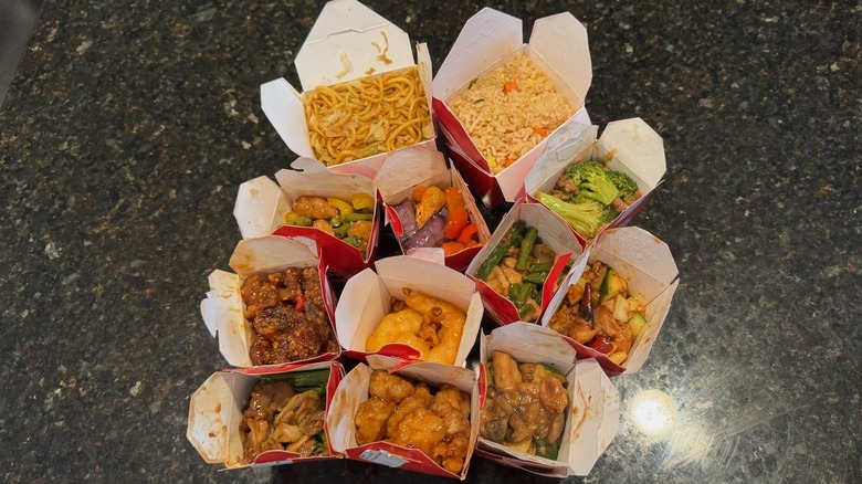 above view of open Panda Express takeout boxes