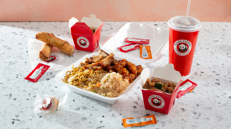 display of various Panda Express branded foods on countertop