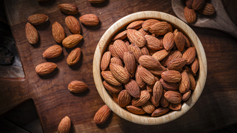 A bowl of almonds photographed from above.