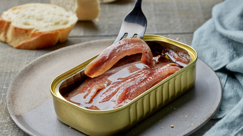 A fork lifts an anchovy out of a can.