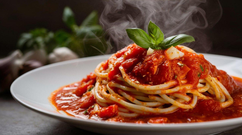 Plated spaghetti in tomato sauce with fresh herbs