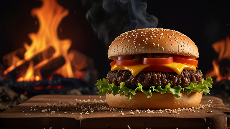 Cheeseburger on cutting board with fire in background