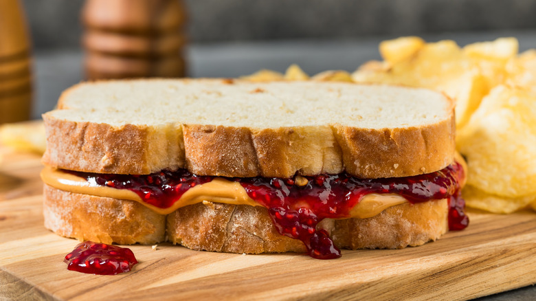 Peanut butter and jelly sandwich close up.