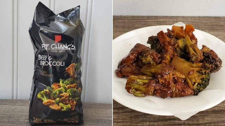 P.F. Chang's Home Menu beef and broccoli, bagged on the left, prepared and plated on the right