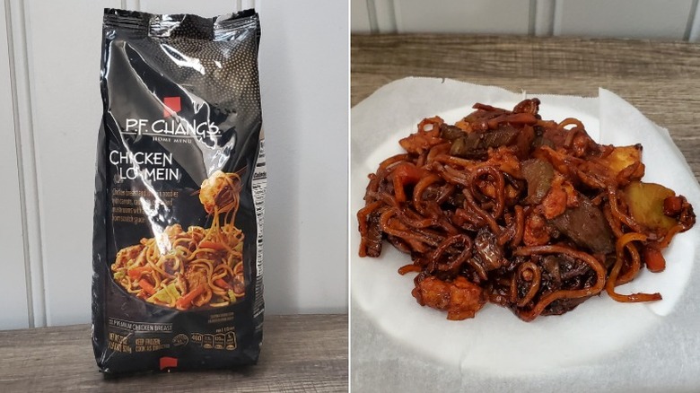 P.F. Chang's Home Menu chicken lo mein, bagged on the left, prepared and plated on the right
