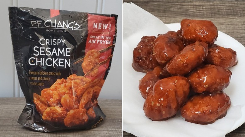 P.F. Chang's Home Menu crispy sesame chicken, bagged on the left, prepared and plated on the right