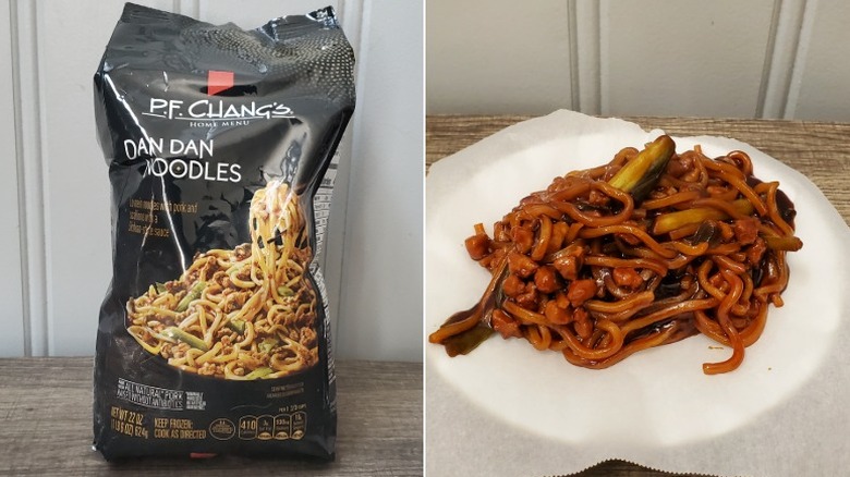 P.F. Chang's Home Menu dan dan noodles, bagged on the left, prepared and plated on the right