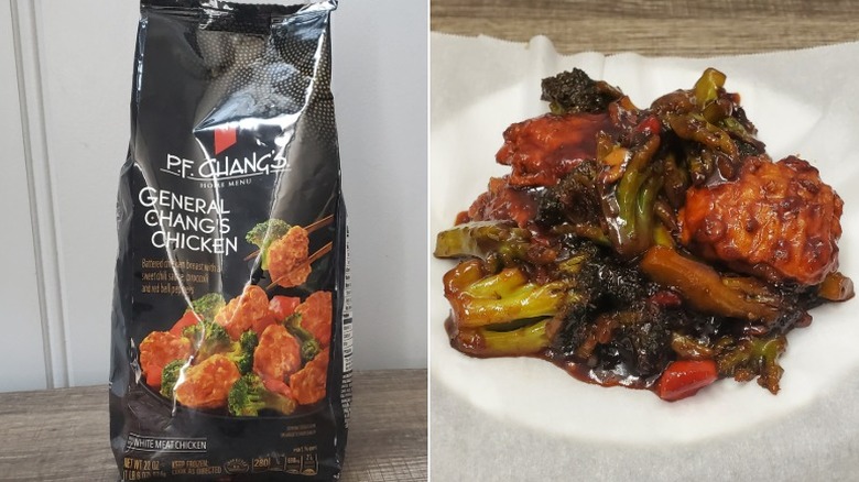 P.F. Chang's Home Menu General Chang's chicken, bagged on the left, prepared and plated on the right