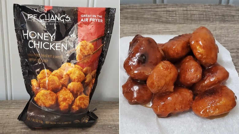 P.F. Chang's Home Menu honey chicken, bagged on the left, prepared and plated on the right