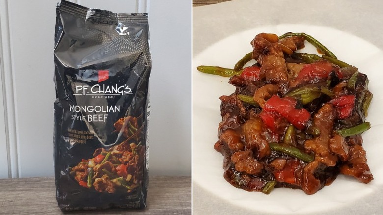 P.F. Chang's Home Menu Mongolian style beef, bagged on the left, prepared and plated on the right