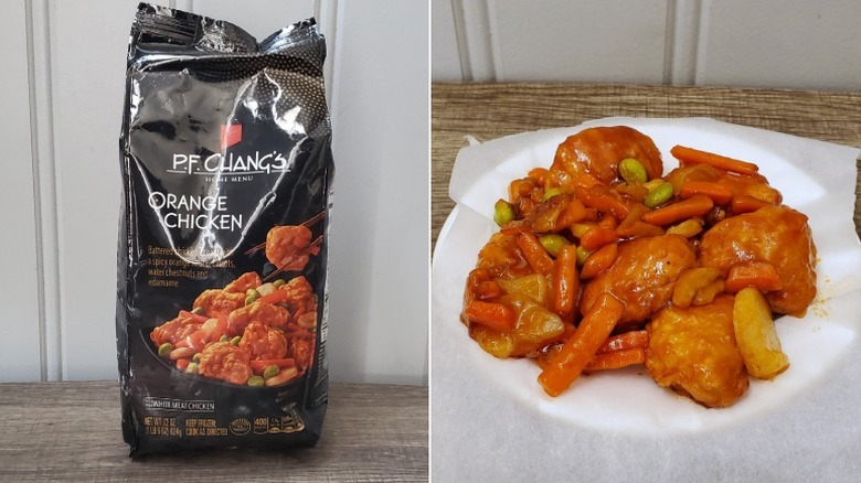 P.F. Chang's Home Menu orange chicken, bagged on the left, prepared and plated on the right