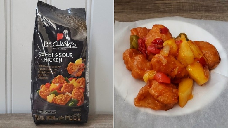 P.F. Chang's Home Menu sweet and sour chicken, bagged on the left, prepared and plated on the right