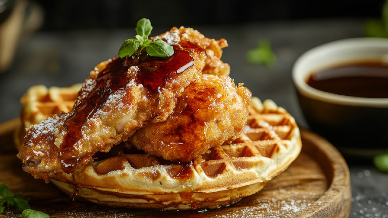 Chicken and waffles with maple syrup
