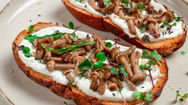 Slice of toast with mushrooms and greens