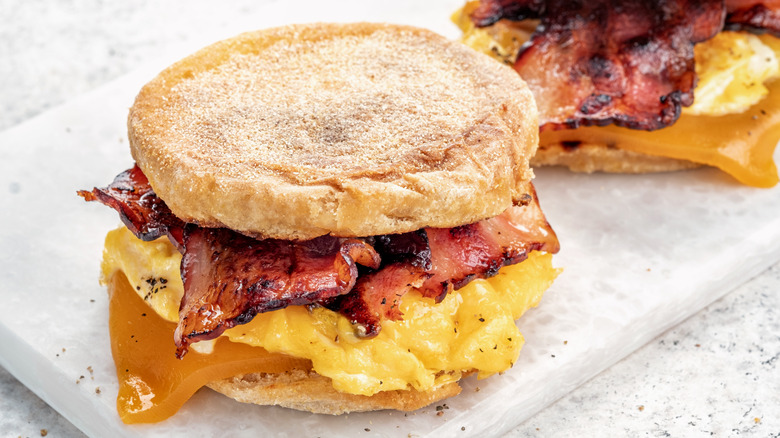 Breakfast sandwich with eggs and bacon