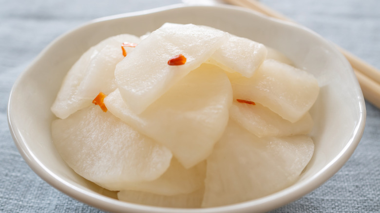 Pickled daikon radish in a bowl