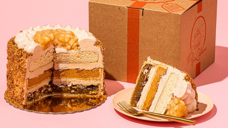 The original whole PieCaken and slice with box.