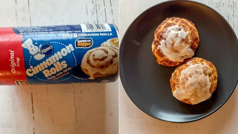 Side-by-side images of Pillsbury cinnamon rolls with original icing in a can and two baked cinnamon rolls on a plate