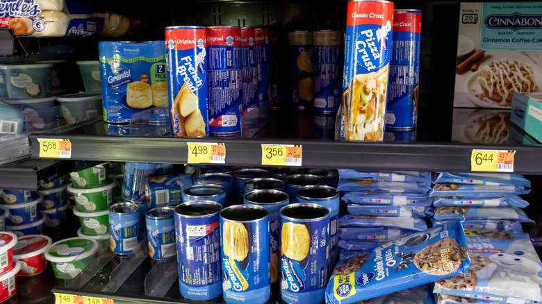 A selection of Pillsbury products on refrigerated grocery store shelves