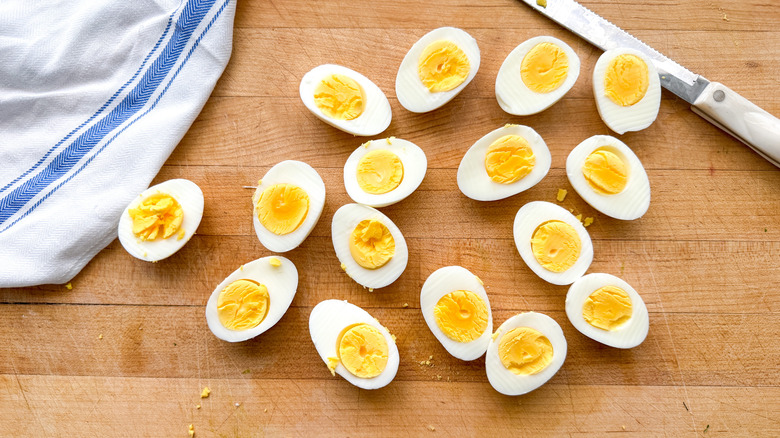 sliced hard-boiled eggs on board