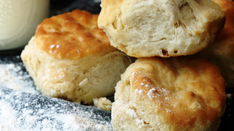 Close up of the fluffy, layered texture of biscuits