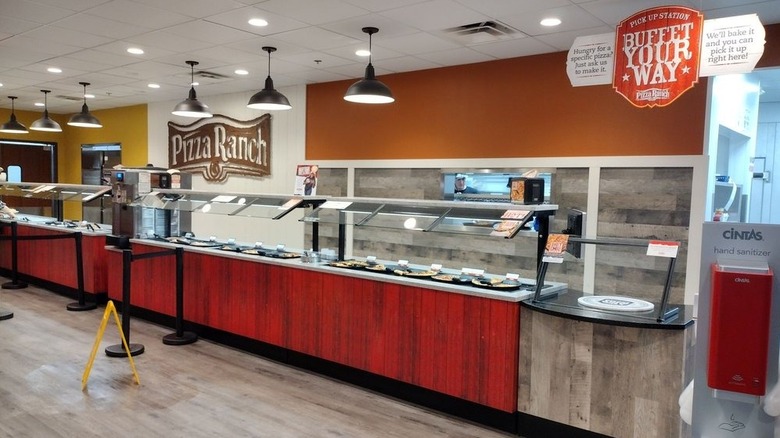 The buffet inside a Pizza Ranch restaurant
