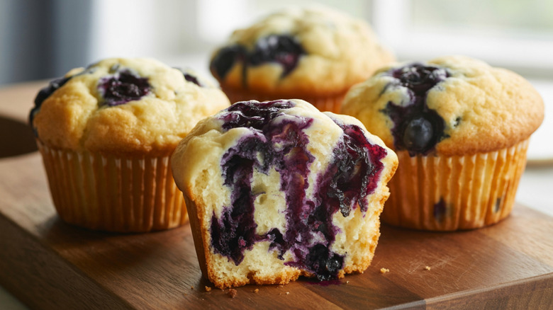 Blueberry muffins on a cutting board, one sliced in half in foreground