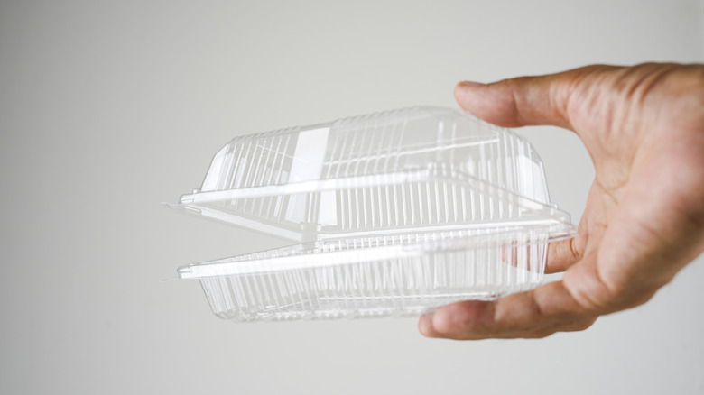 Person holding a plastic clamshell container
