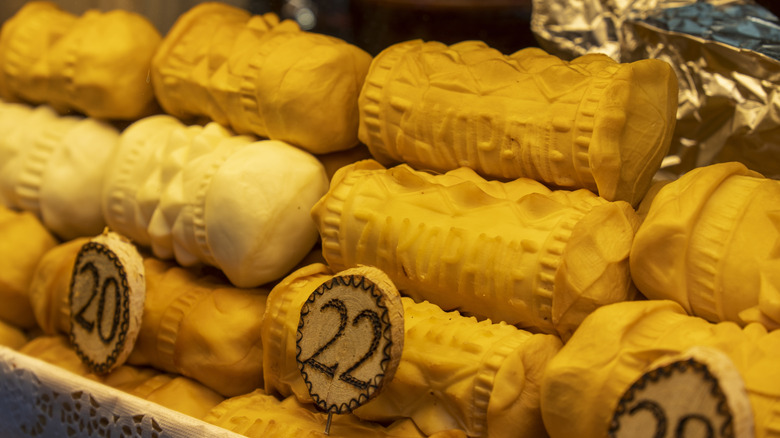 Traditional Polish smoked cheese stacked on top of each other.