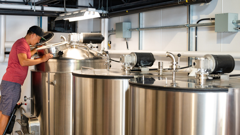 A person checking on the distillation process at a brewery