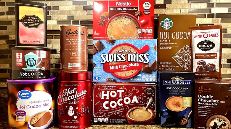 Hot cocoa brands on a counter