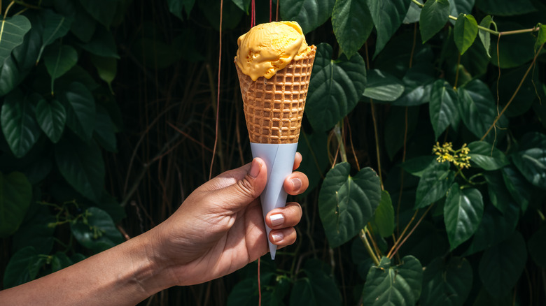 A tanned hand grasping a slightly melting cone of pineapple ice cream