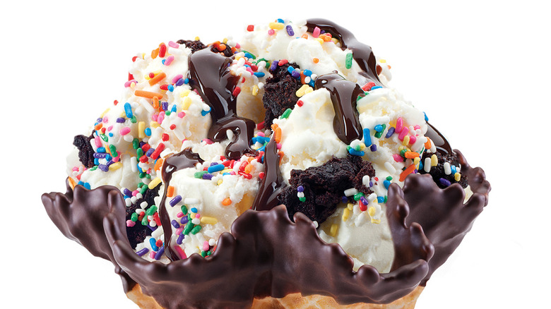 A close-up of Cold Stone Creamery's Birthday Cake Remix Ice Cream sundae