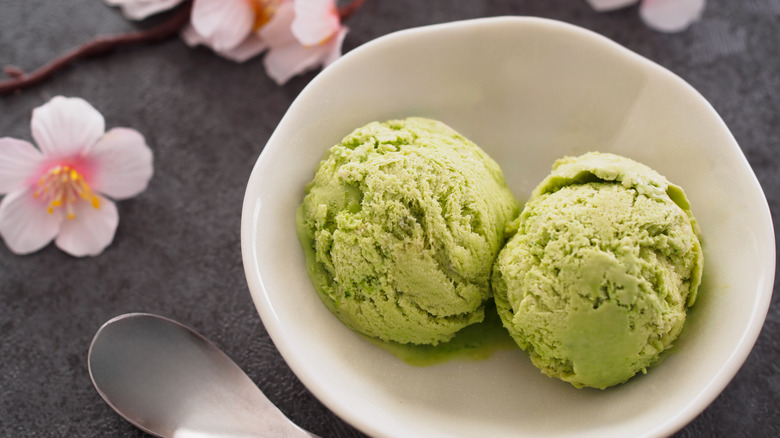 An elegant bowl containing two scoops of matcha ice cream