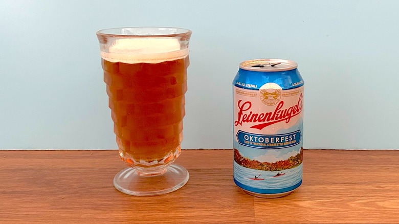 Glass and can of Leinenkugel's Oktoberfest beer