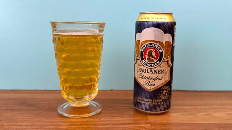 Can and glass of Paulaner München Oktoberfest Bier