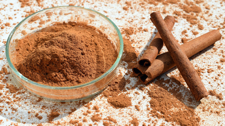 Sticks of cinnamon with bowl of ground cinnamon