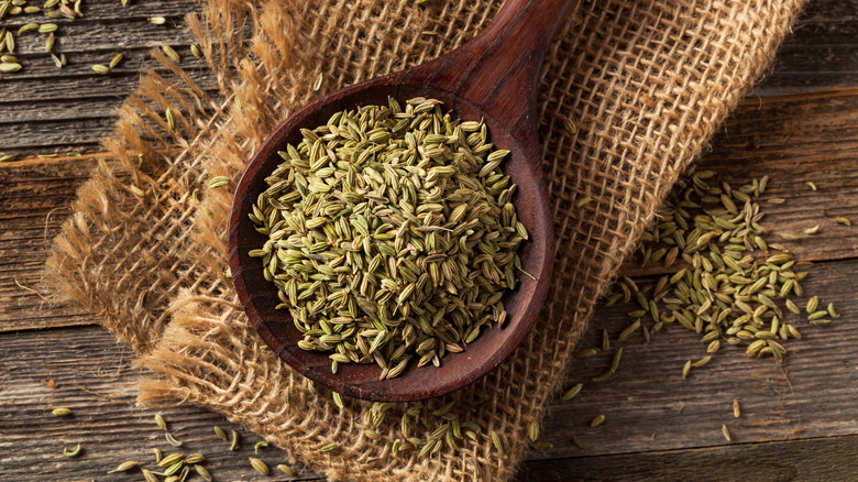 Spoonful of fennel seeds on a piece of burlap over a wooden background