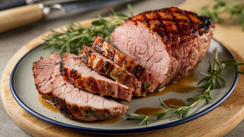 A pork roast is sliced on a platter and arranged with herbs.