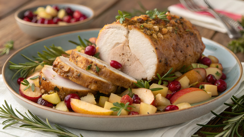 A pork roast is sliced on a tray with apple wedges and other fruits.
