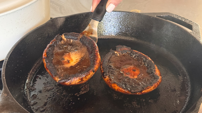 underside of mushrooms in pan