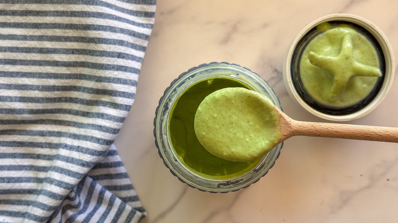 spoonful of blended green sauce