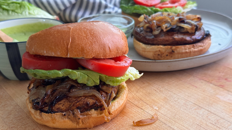 close up of portobello mushroom burger