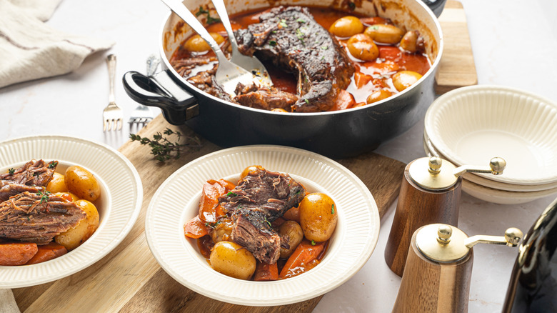 Pot roast in serving bowls