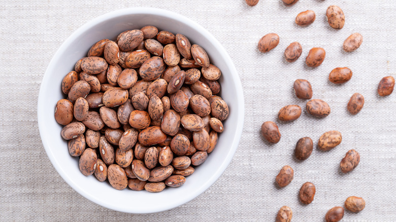 Dried pinto beans in a white bowl on a tablecloth.