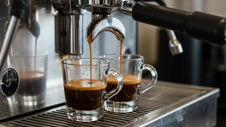 A double shot of espresso pulled from a professional machine.
