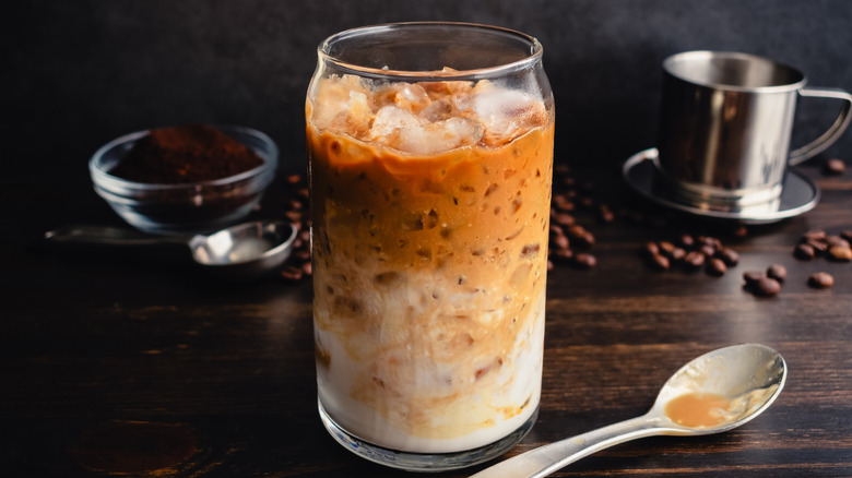 Iced coffee with metal spoon